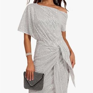 Grace Karin Shimmering Silver One-Shoulder Dress